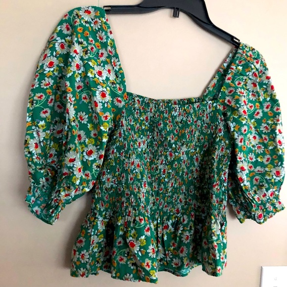 INDIGO RISING Green Floral Smock Crop Peasant Top  Size M - Picture 2 of 2